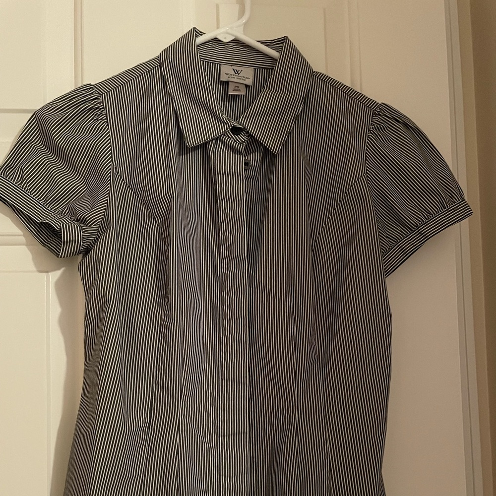 Charcoal and white striped button down blouse